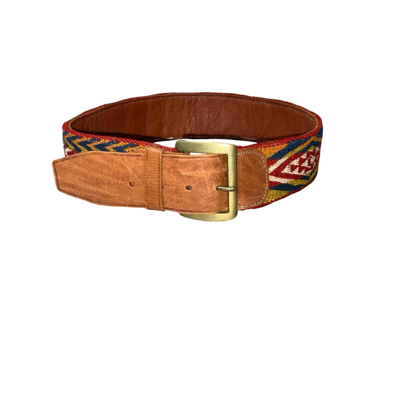 90s Brown Leather Multi-Colour Woven Aztek Southwestern Geometric Chunky Belt M