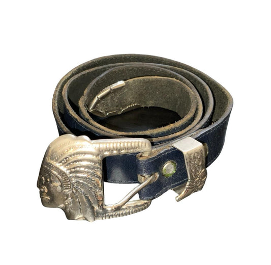 Vtg 80s Black Leather Southwestern Native American Chief Thin Belt M UK 12/14