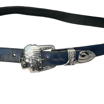 Vtg 80s Black Leather Southwestern Native American Chief Thin Belt M UK 12/14