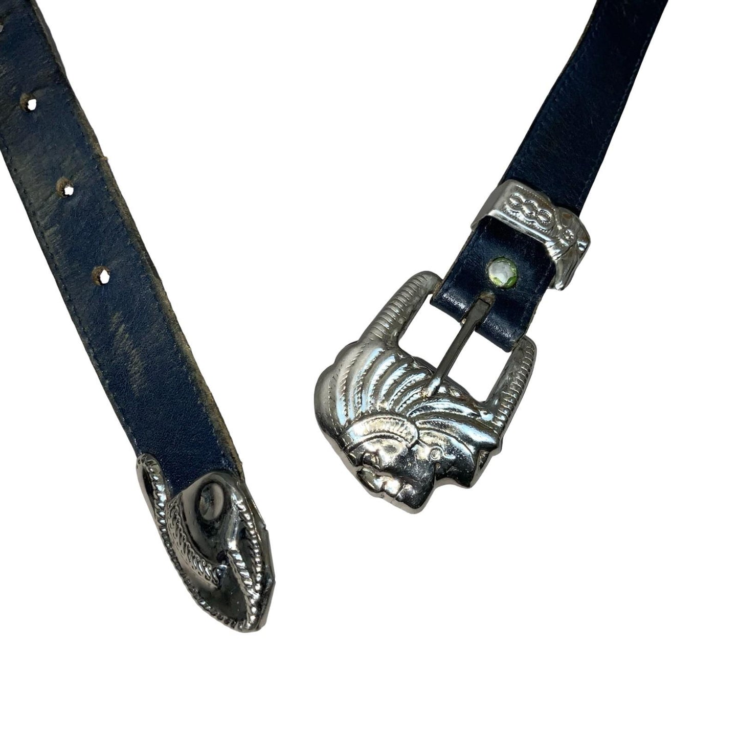 Vtg 80s Black Leather Southwestern Native American Chief Thin Belt M UK 12/14