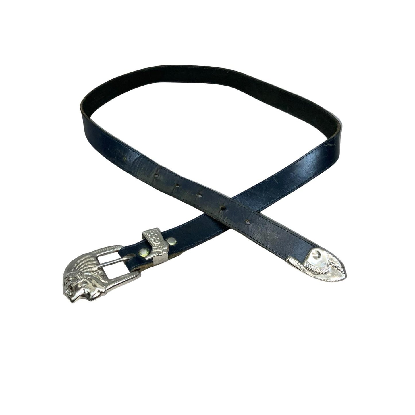 Vtg 80s Black Leather Southwestern Native American Chief Thin Belt M UK 12/14