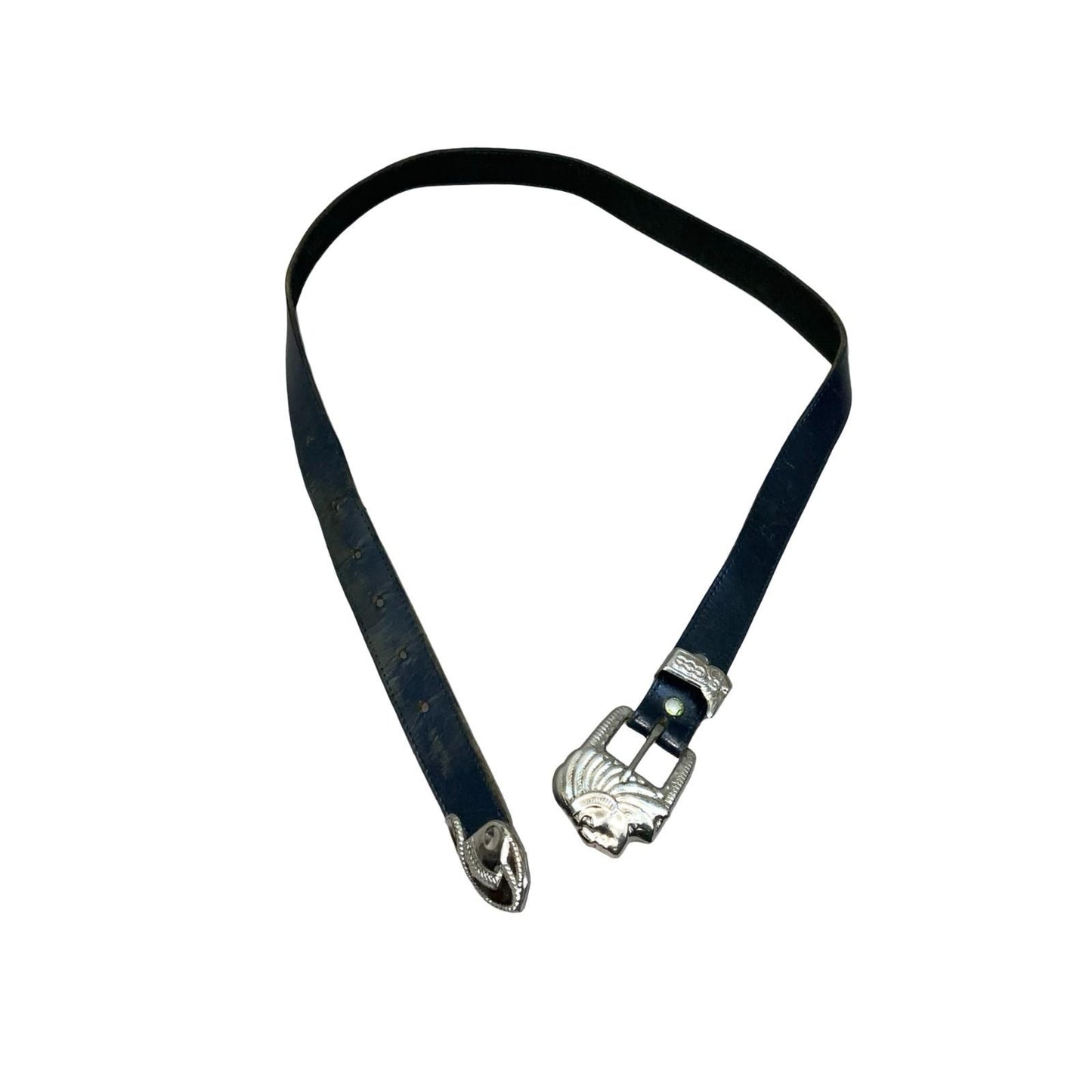 Vtg 80s Black Leather Southwestern Native American Chief Thin Belt M UK 12/14