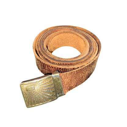 Vtg Brown Distressed Skinny Textured Sunburst Brass Buckle Leather Belt L/XL