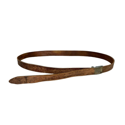 Vtg Brown Distressed Skinny Textured Sunburst Brass Buckle Leather Belt L/XL