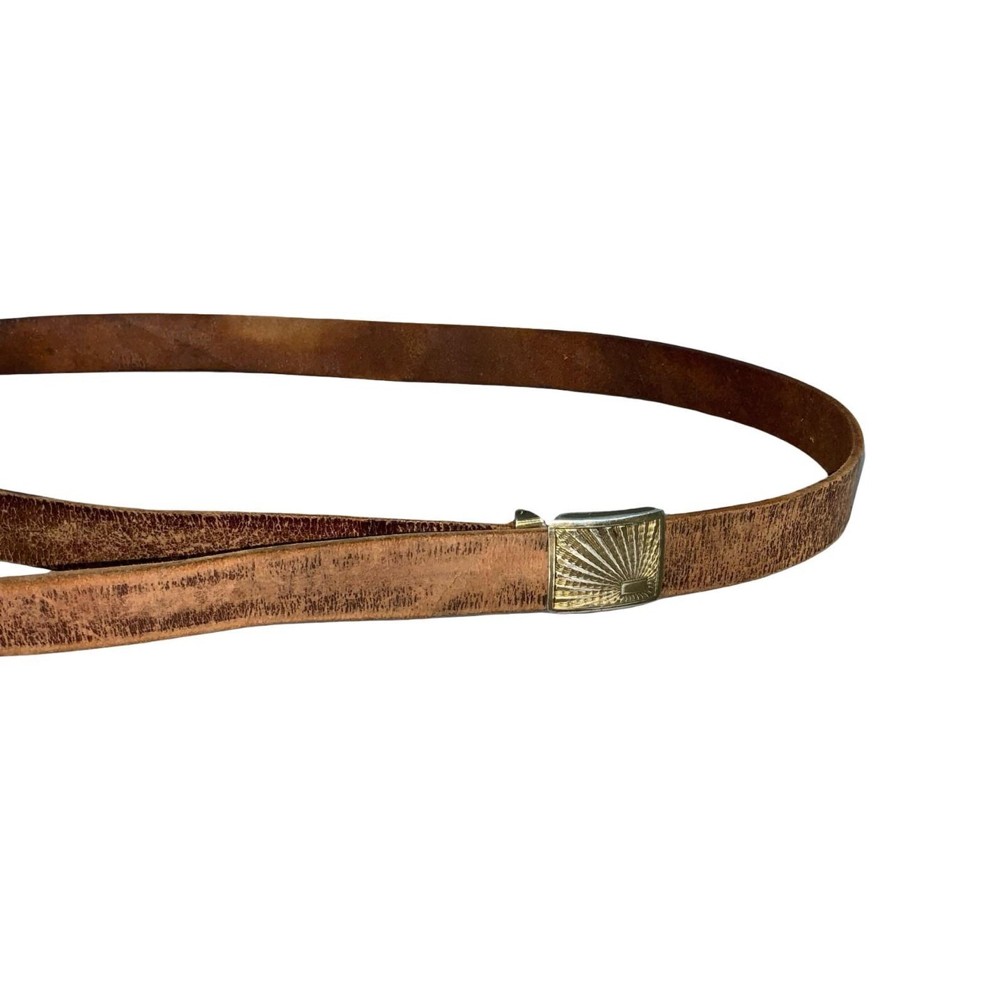 Vtg Brown Distressed Skinny Textured Sunburst Brass Buckle Leather Belt L/XL