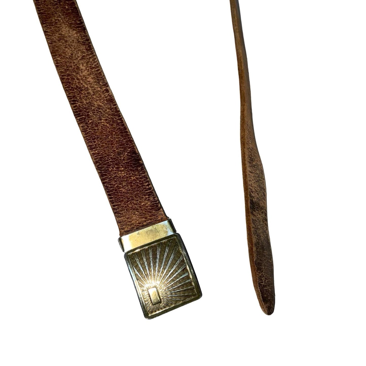 Vtg Brown Distressed Skinny Textured Sunburst Brass Buckle Leather Belt L/XL