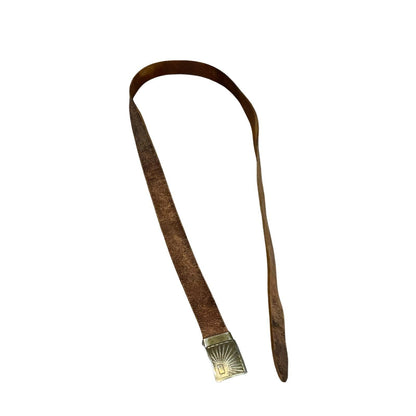 Vtg Brown Distressed Skinny Textured Sunburst Brass Buckle Leather Belt L/XL
