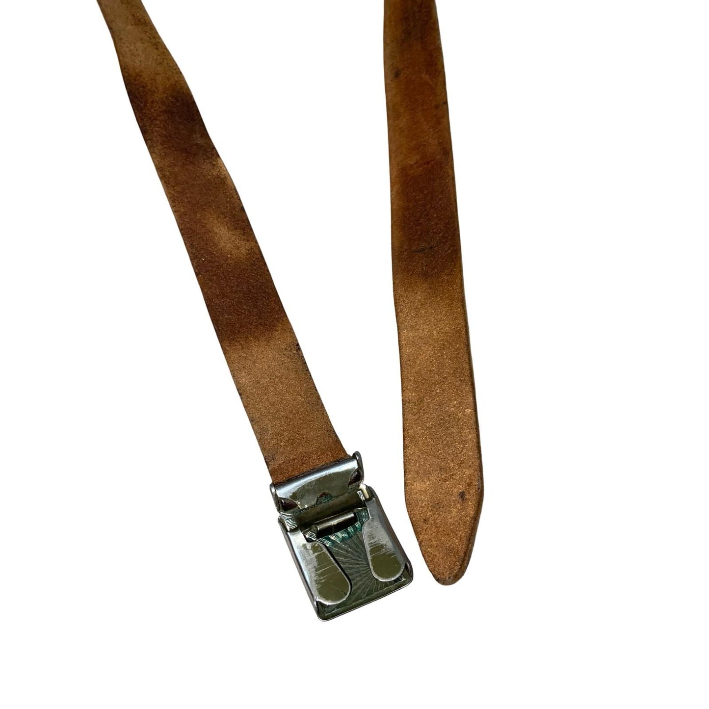 Vtg Brown Distressed Skinny Textured Sunburst Brass Buckle Leather Belt L/XL