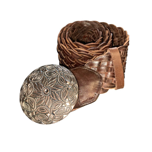 90s 'Street One' Brown Boho Mandala Buckle Braided Leather Belt L UK 16/18