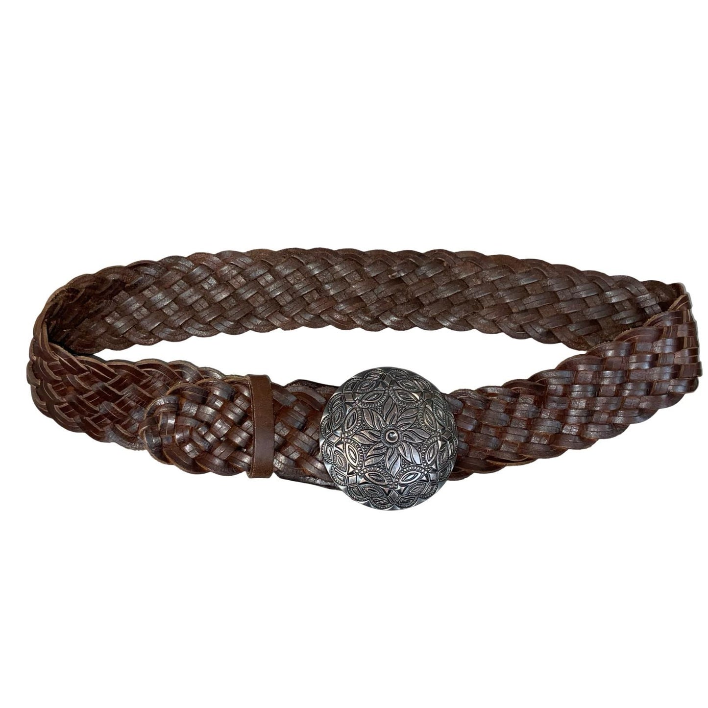 90s 'Street One' Brown Boho Mandala Buckle Braided Leather Belt L UK 16/18