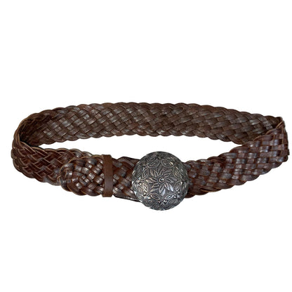 90s 'Street One' Brown Boho Mandala Buckle Braided Leather Belt L UK 16/18