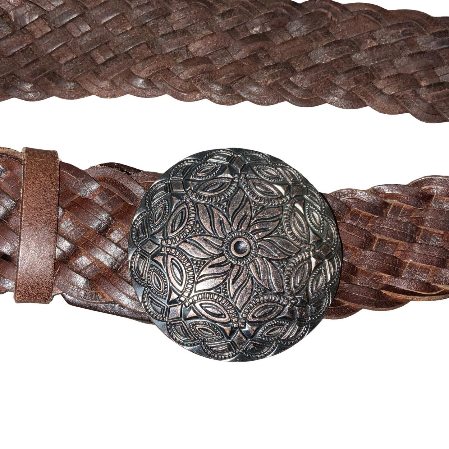 90s 'Street One' Brown Boho Mandala Buckle Braided Leather Belt L UK 16/18