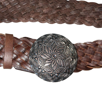 90s 'Street One' Brown Boho Mandala Buckle Braided Leather Belt L UK 16/18