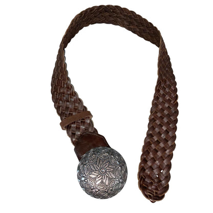 90s 'Street One' Brown Boho Mandala Buckle Braided Leather Belt L UK 16/18