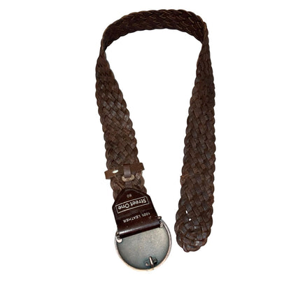 90s 'Street One' Brown Boho Mandala Buckle Braided Leather Belt L UK 16/18