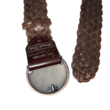 90s 'Street One' Brown Boho Mandala Buckle Braided Leather Belt L UK 16/18