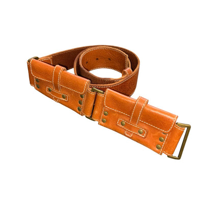 Y2K Brown Utility Brass Studded Grunge Festival Leather Purse Belt L UK 16/18