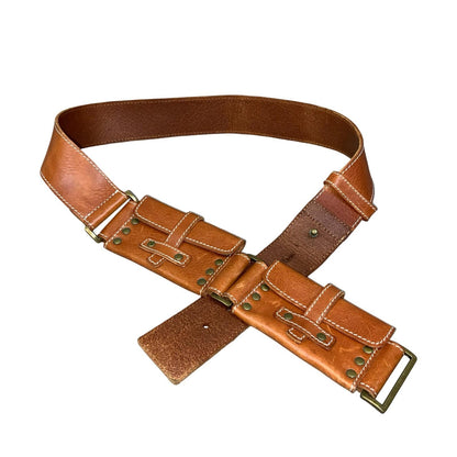 Y2K Brown Utility Brass Studded Grunge Festival Leather Purse Belt L UK 16/18