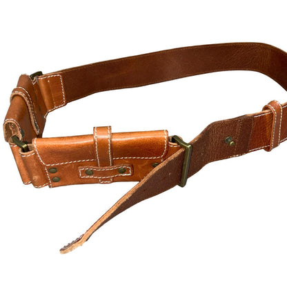 Y2K Brown Utility Brass Studded Grunge Festival Leather Purse Belt L UK 16/18