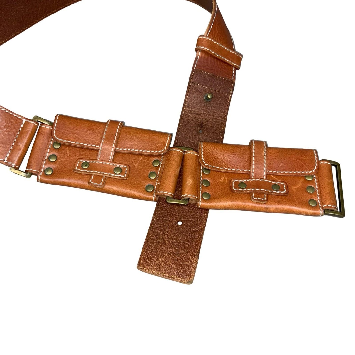 Y2K Brown Utility Brass Studded Grunge Festival Leather Purse Belt L UK 16/18