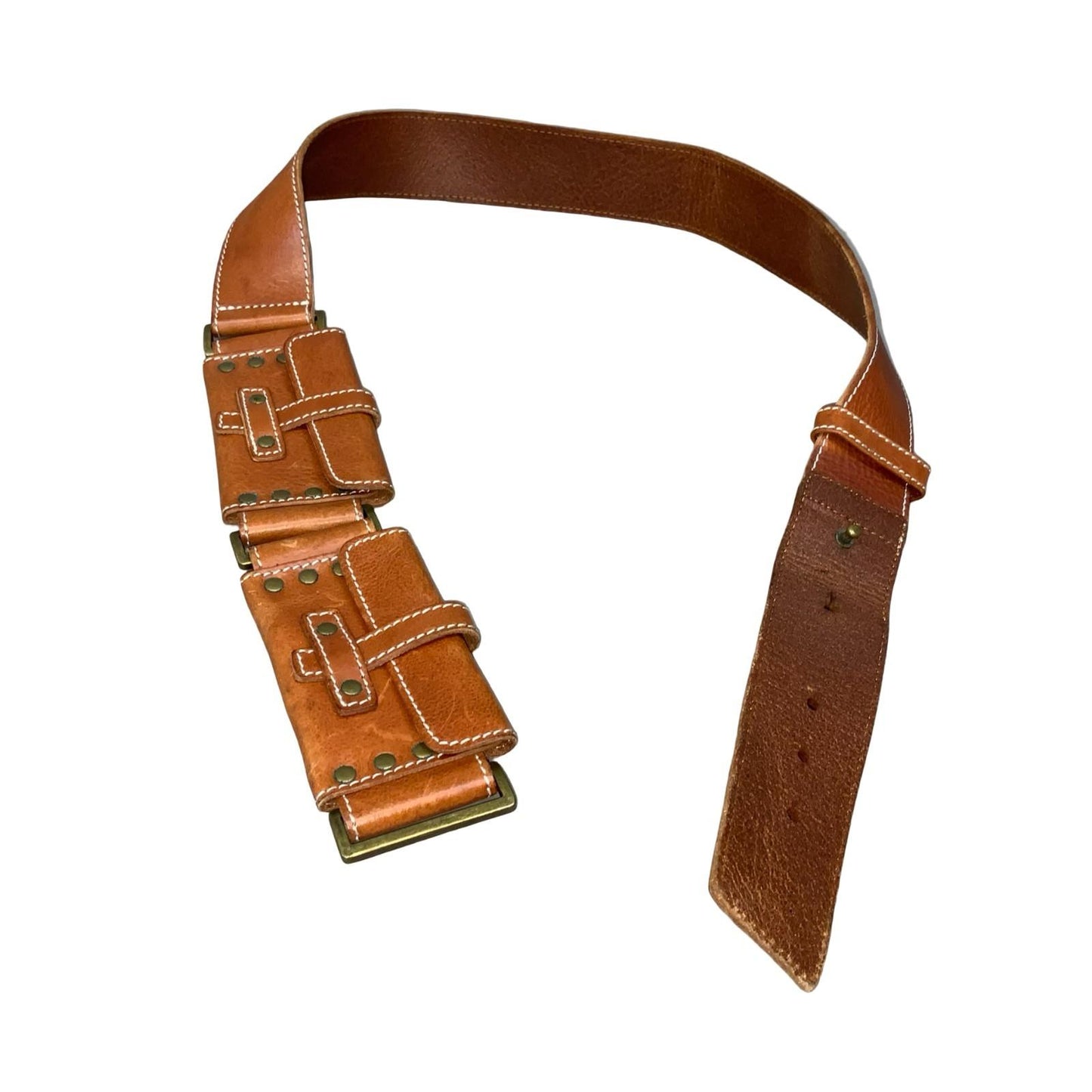 Y2K Brown Utility Brass Studded Grunge Festival Leather Purse Belt L UK 16/18