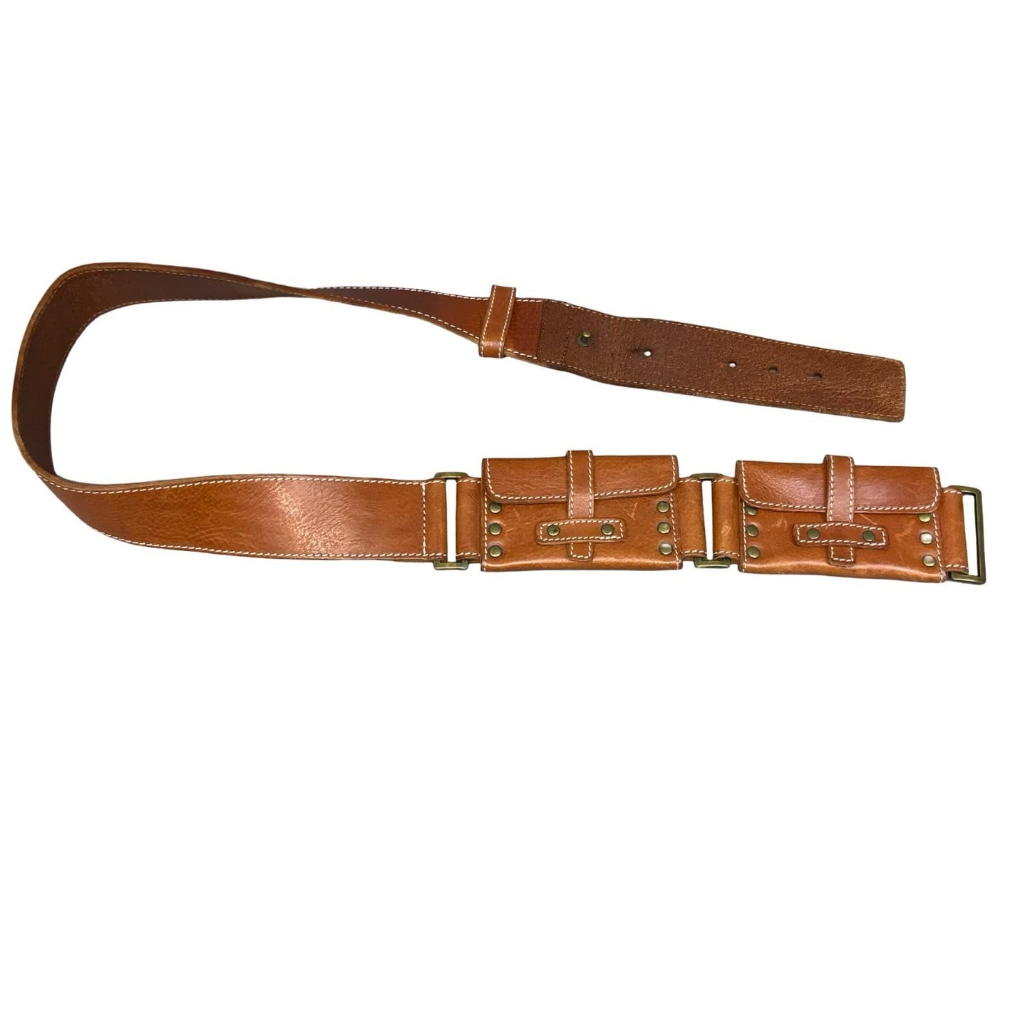 Y2K Brown Utility Brass Studded Grunge Festival Leather Purse Belt L UK 16/18