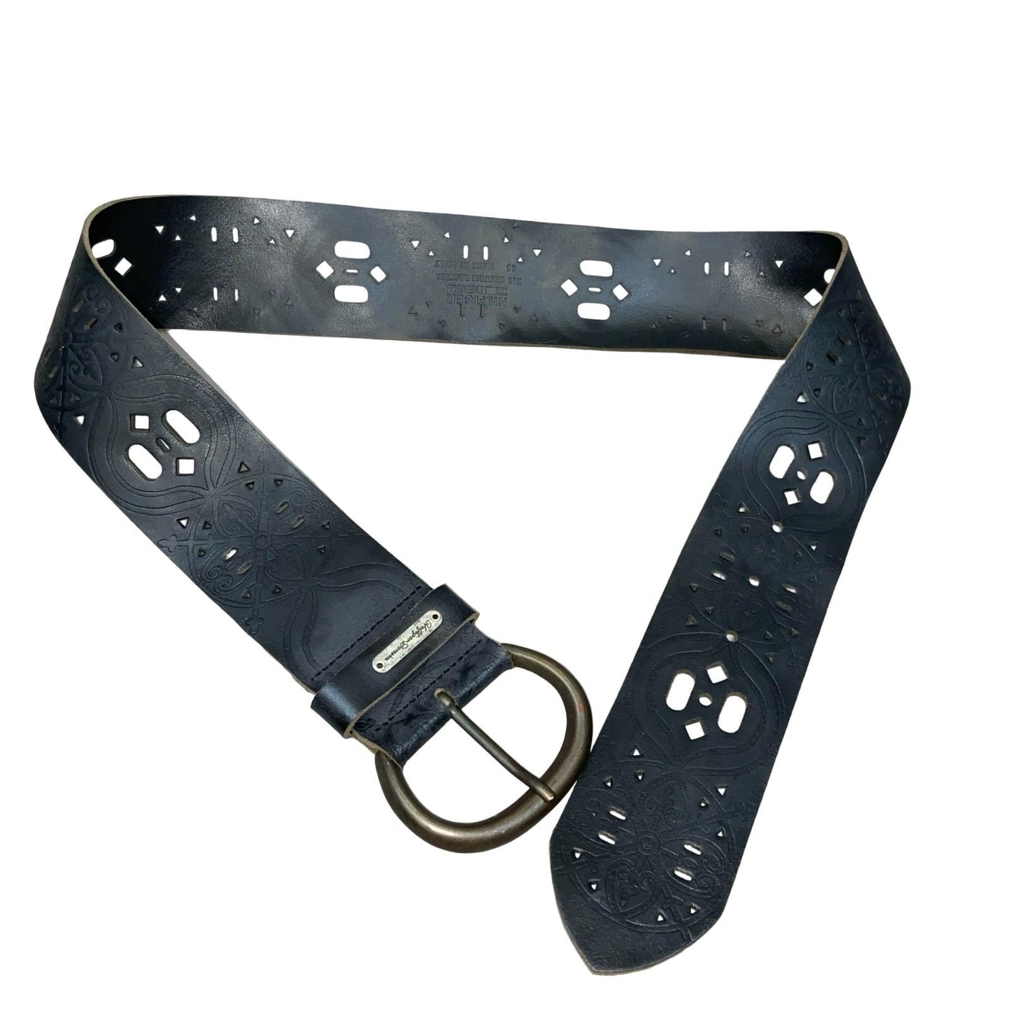 Vtg 'Tommy Hilfiger' Black Geometric Cut-Out Western Boho Thick Belt UK 14/16 M