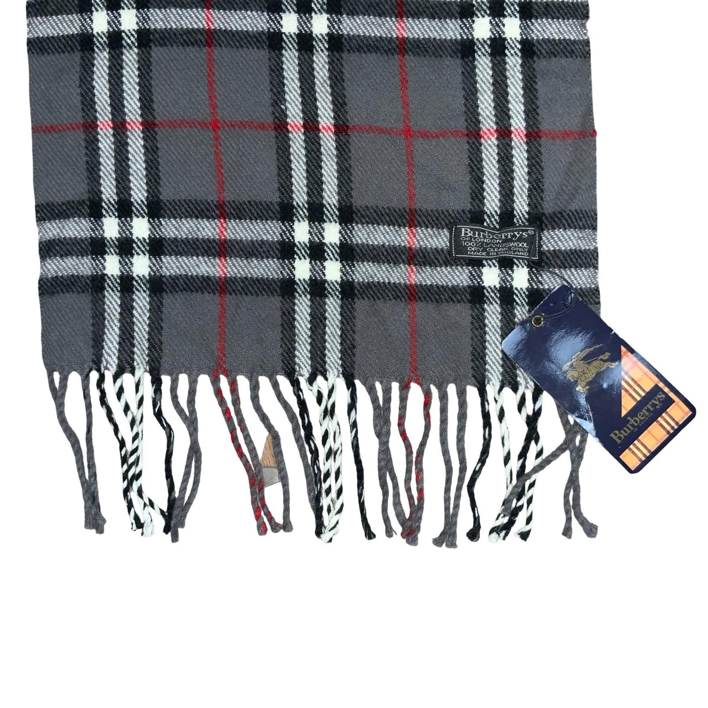 1980s DEADSTOCK 'Burberrys of London' Grey Red Nova Check 100% Lambswool Scarf