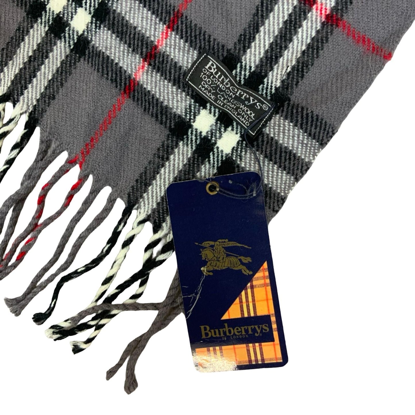 1980s DEADSTOCK 'Burberrys of London' Grey Red Nova Check 100% Lambswool Scarf