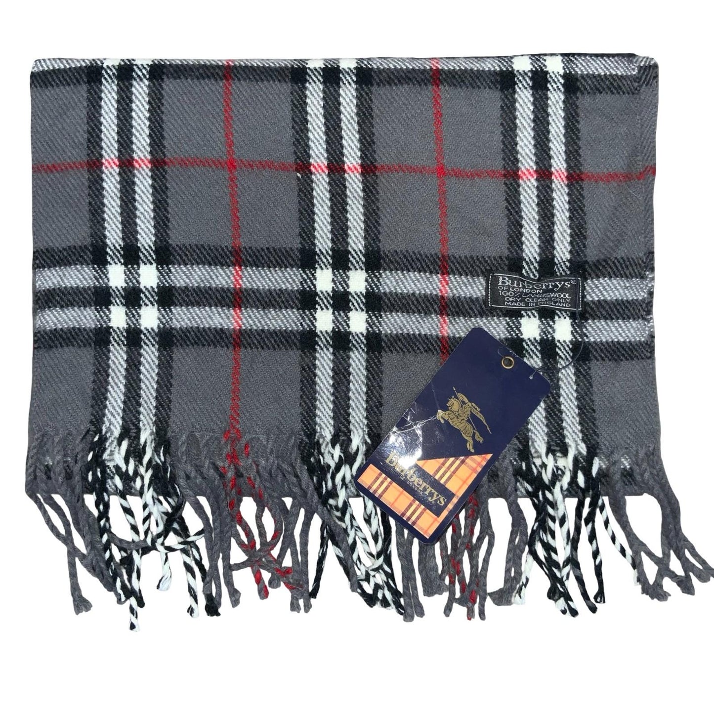 1980s DEADSTOCK 'Burberrys of London' Grey Red Nova Check 100% Lambswool Scarf