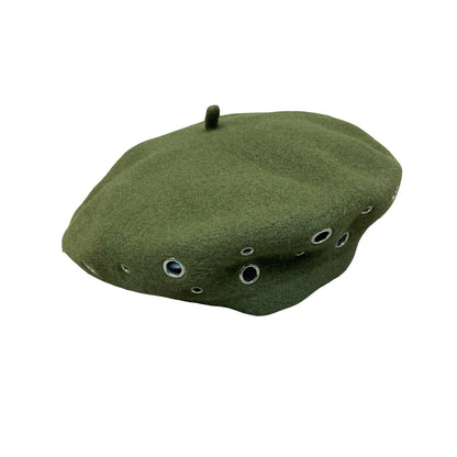 Vtg 90s Green Metal Eyelet Detail Wool Classic French Beret Size Large