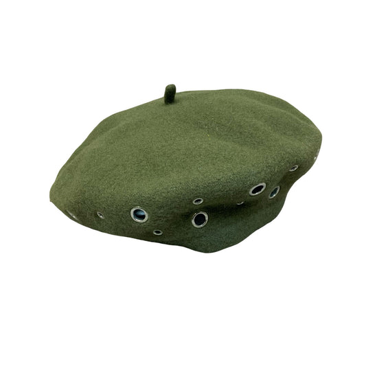 Vtg 90s Green Metal Eyelet Detail Wool Classic French Beret Size Large