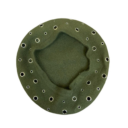 Vtg 90s Green Metal Eyelet Detail Wool Classic French Beret Size Large