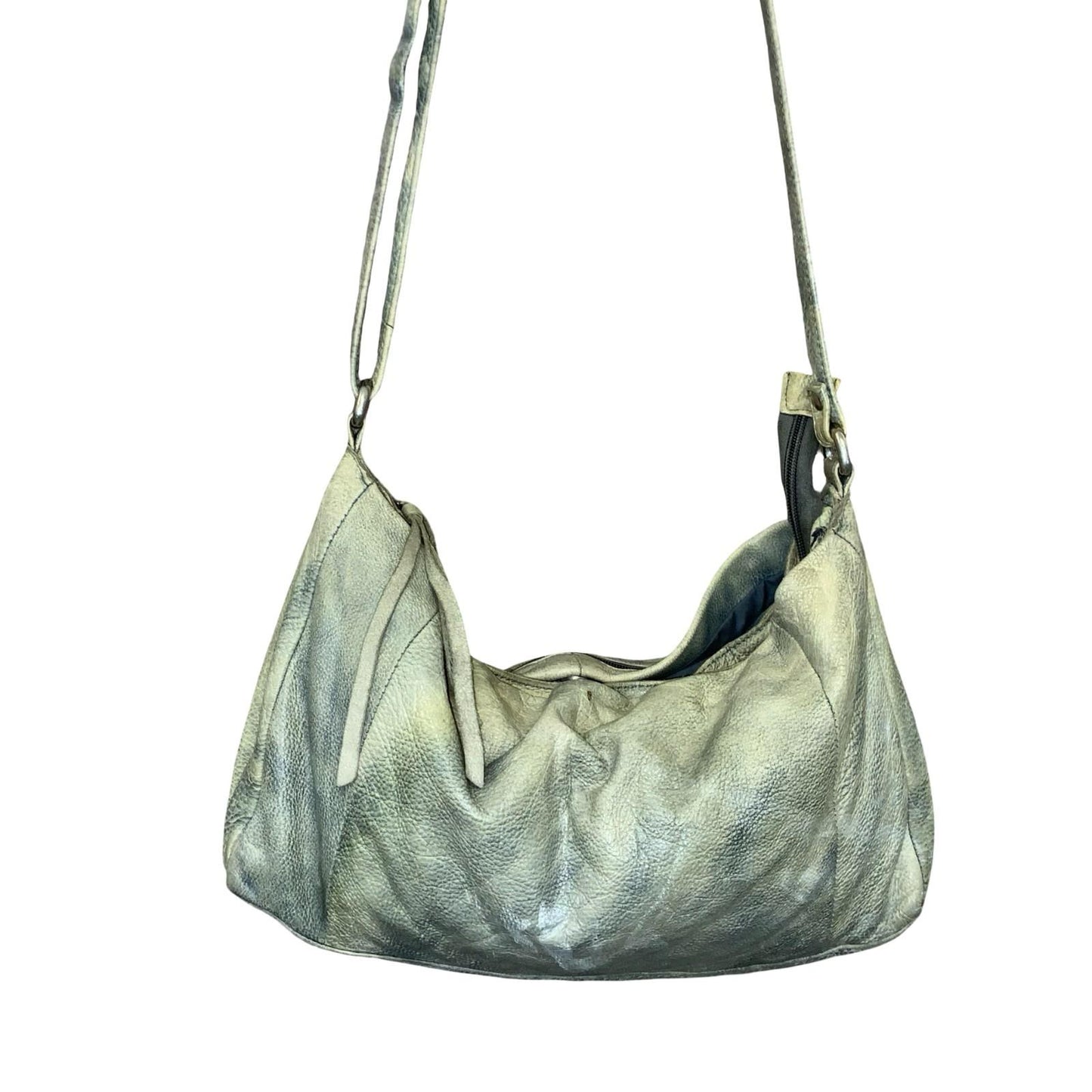 Vtg 90s Beige Grey Leather Tie-Dye Effect Leather Slouch Hobo Shoulder Hand Bag
