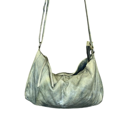Vtg 90s Beige Grey Leather Tie-Dye Effect Leather Slouch Hobo Shoulder Hand Bag