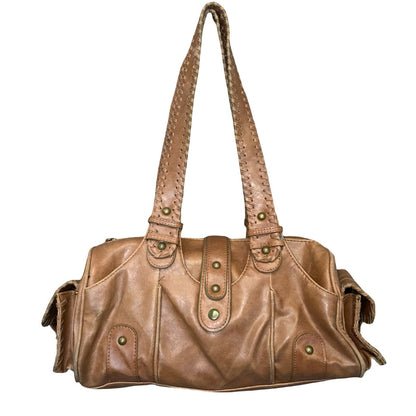 Vtg 90s y2k Brown Leather Hobo-Style Boho Exposed Stitch Shoulder Hand Bag