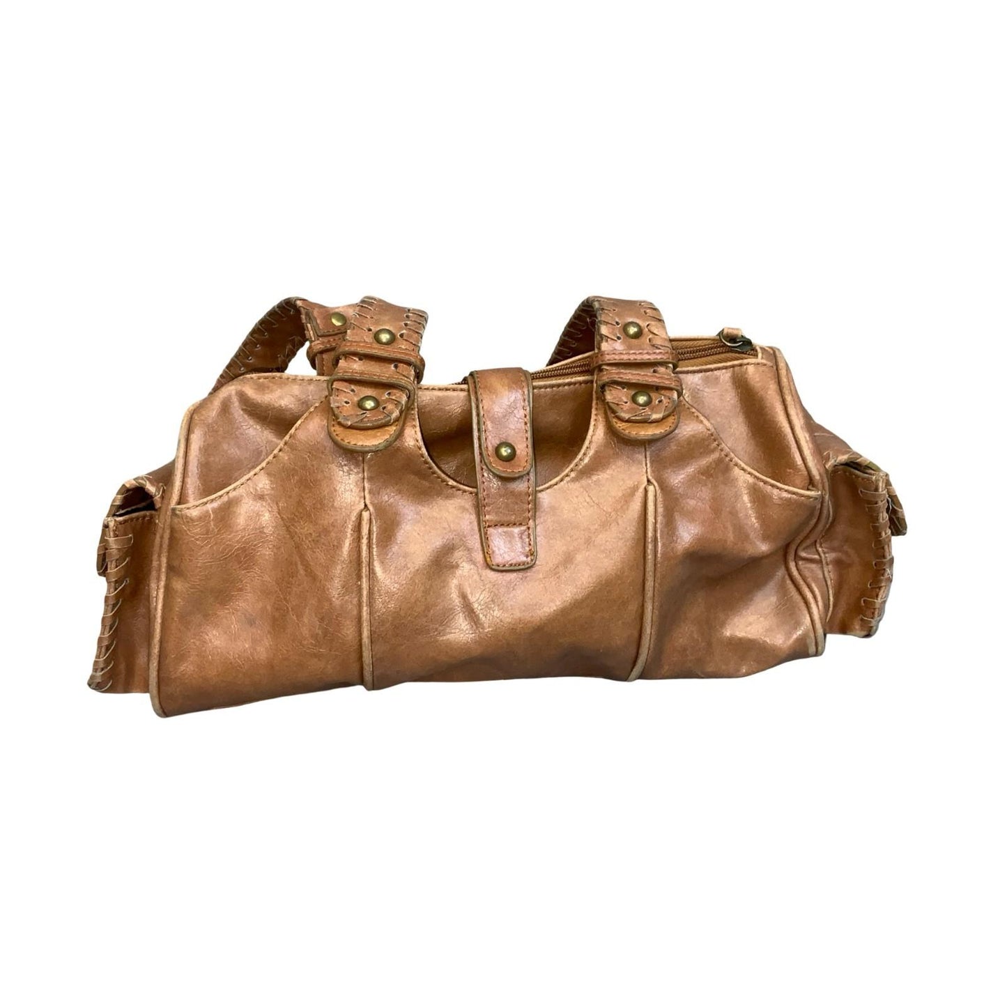 Vtg 90s y2k Brown Leather Hobo-Style Boho Exposed Stitch Shoulder Hand Bag