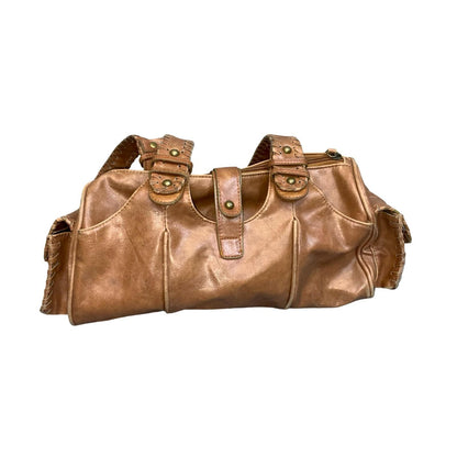 Vtg 90s y2k Brown Leather Hobo-Style Boho Exposed Stitch Shoulder Hand Bag