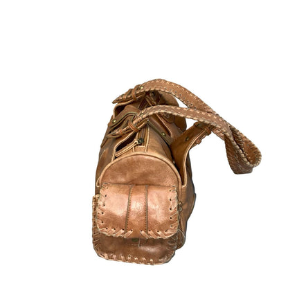 Vtg 90s y2k Brown Leather Hobo-Style Boho Exposed Stitch Shoulder Hand Bag