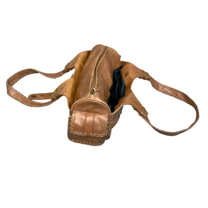 Vtg 90s y2k Brown Leather Hobo-Style Boho Exposed Stitch Shoulder Hand Bag