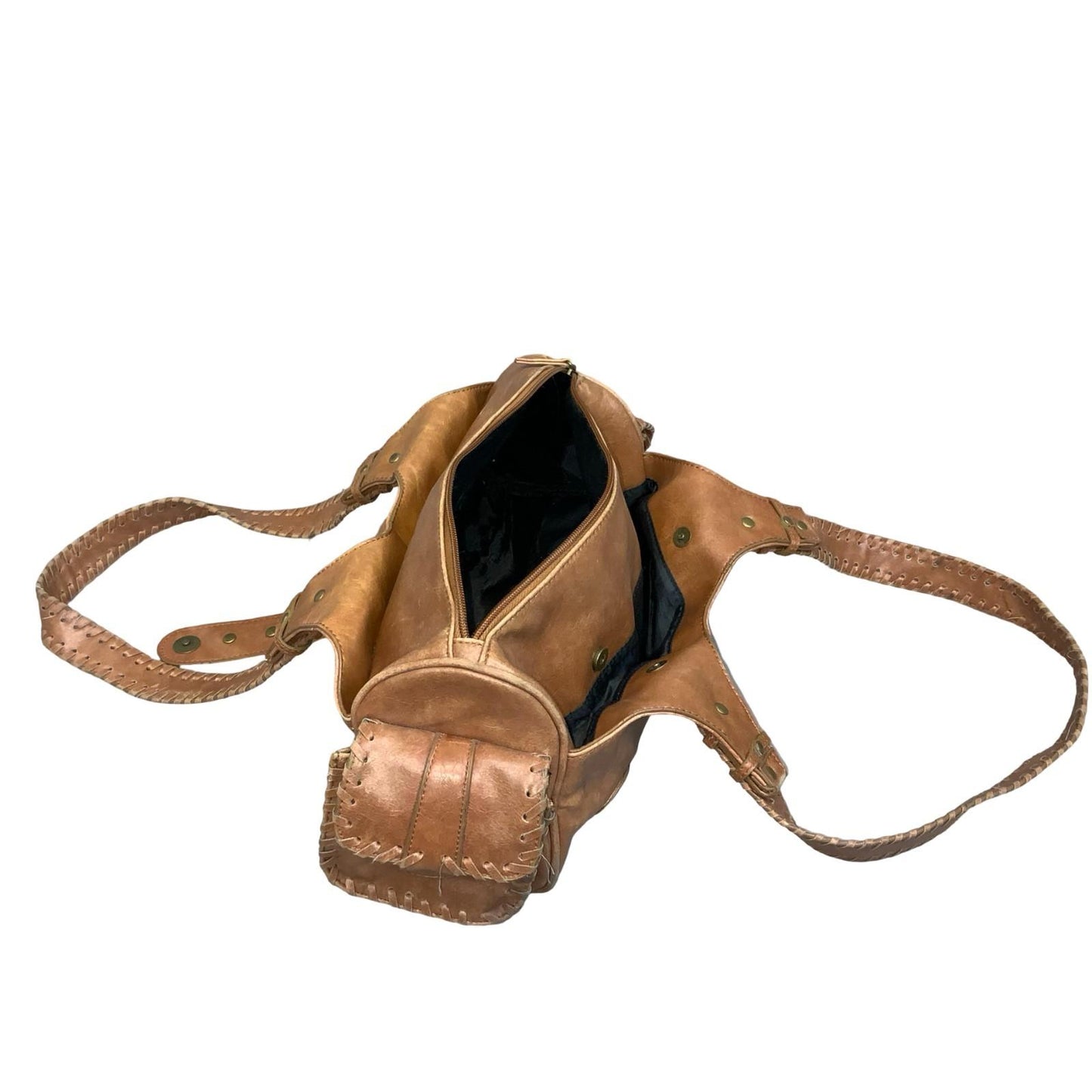 Vtg 90s y2k Brown Leather Hobo-Style Boho Exposed Stitch Shoulder Hand Bag