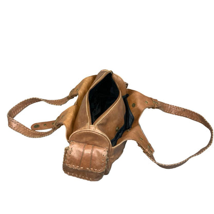 Vtg 90s y2k Brown Leather Hobo-Style Boho Exposed Stitch Shoulder Hand Bag