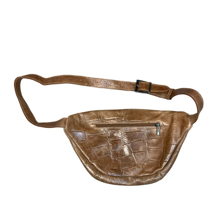 Vtg 90s Brown Croc Embossed Italian Leather Casual Belt Waist Festival Bum Bag