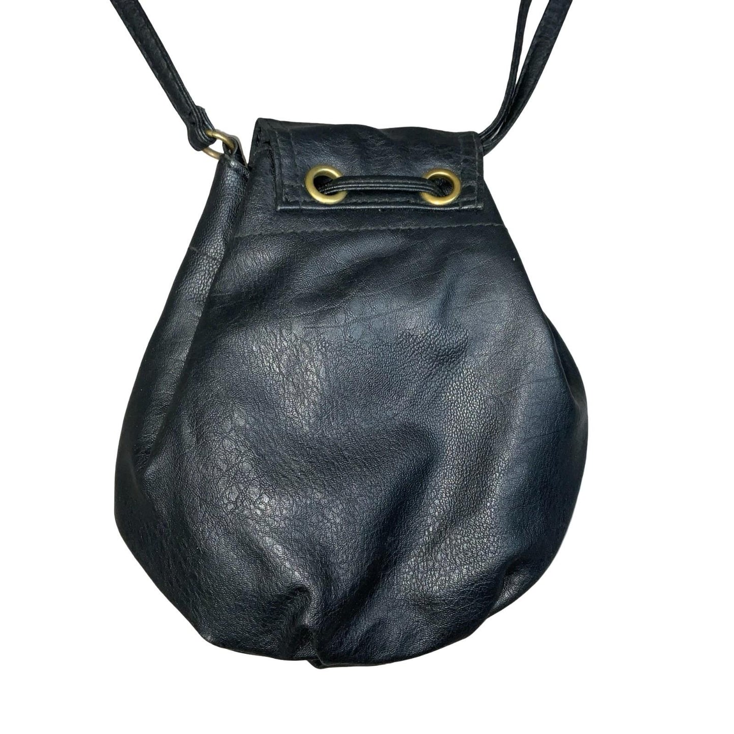 Y2K Black Small Drawstring Bucket Pouch Purse Leather Shoulder Hand Bag