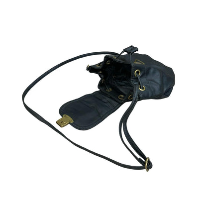 Y2K Black Small Drawstring Bucket Pouch Purse Leather Shoulder Hand Bag