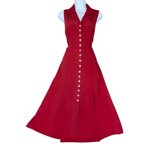 Vtg 90s 'Etam' Red Fit-and-Flare Sleeveless Collar Elegant Party Dress S