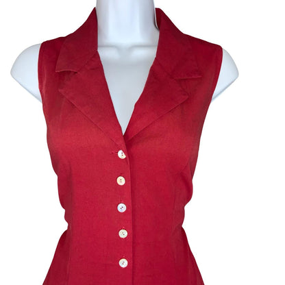 Vtg 90s 'Etam' Red Fit-and-Flare Sleeveless Collar Elegant Party Dress S