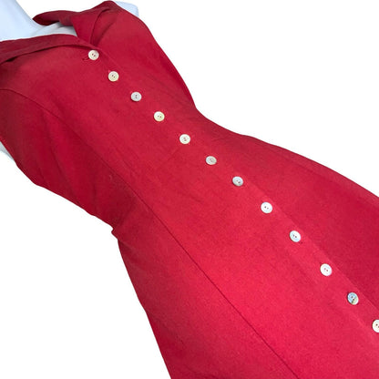 Vtg 90s 'Etam' Red Fit-and-Flare Sleeveless Collar Elegant Party Dress S