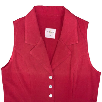 Vtg 90s 'Etam' Red Fit-and-Flare Sleeveless Collar Elegant Party Dress S