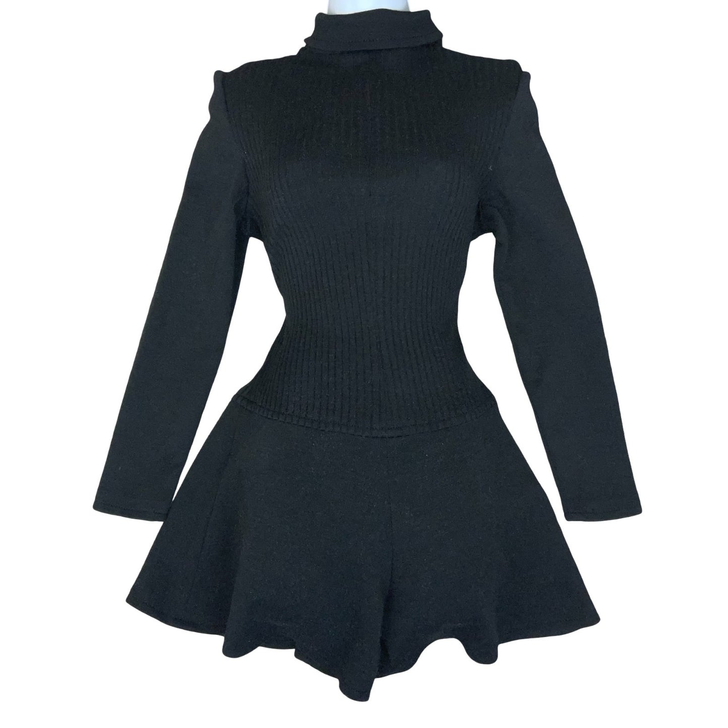 00s Y2K Black Long Sleeve Ribbed A-Line High Neck Clubbing Party Playsuit UK 8